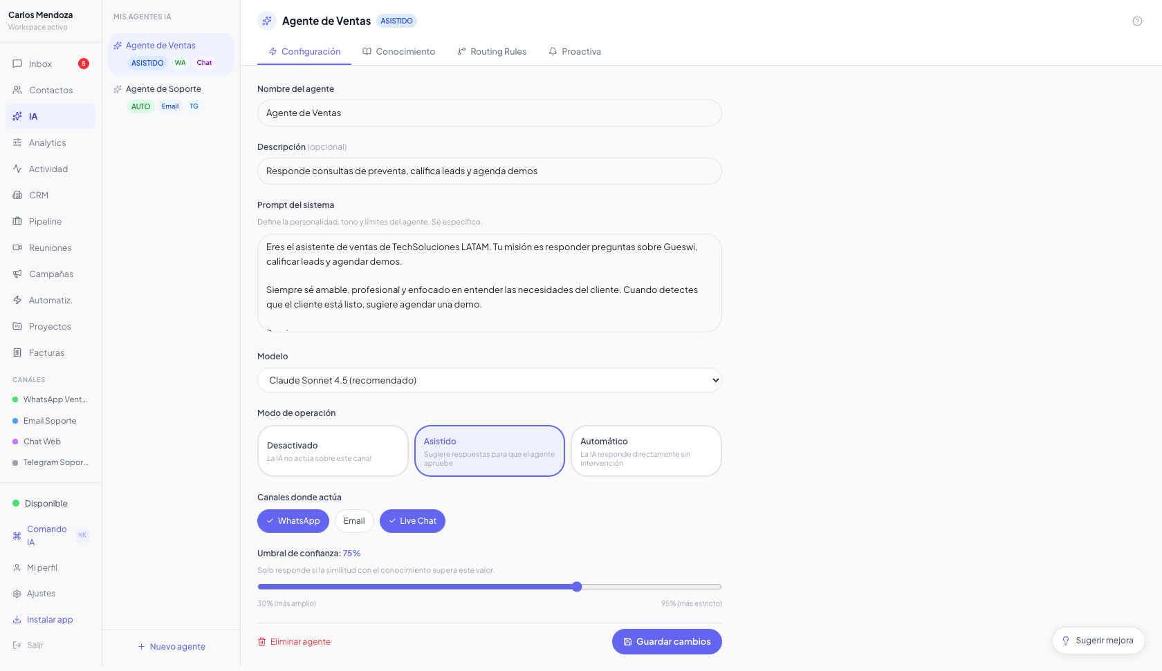 IA — configuración de agente